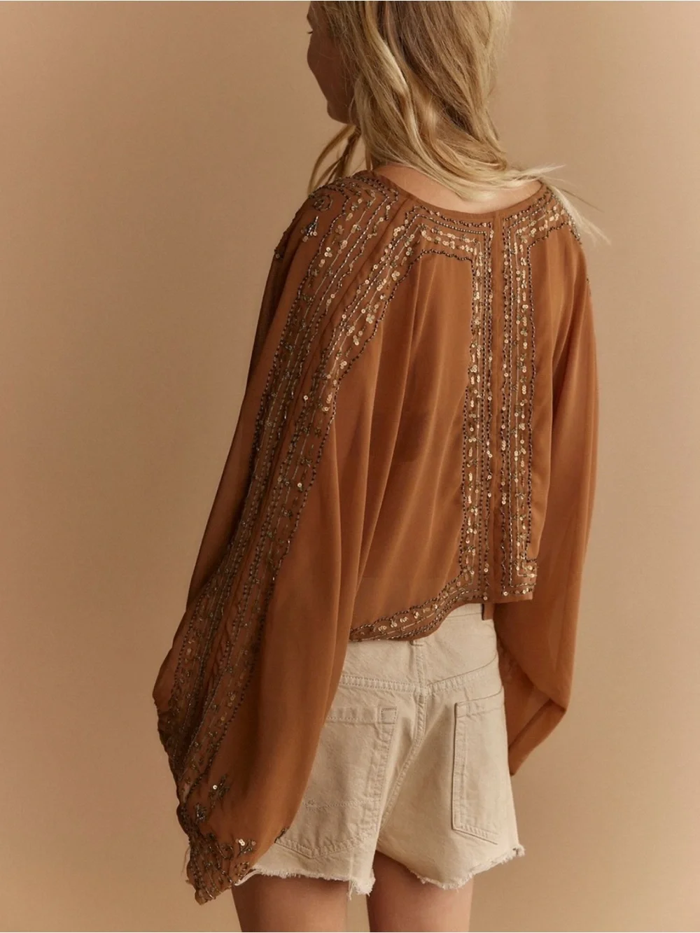 NWT Free People Brown Beaded Calla Embellished Cape Western Top - Picture 2 of 13